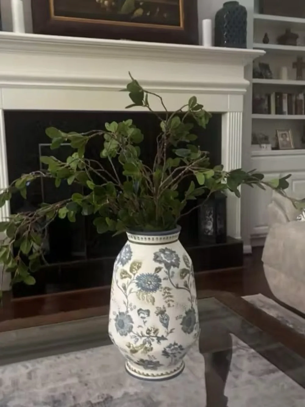 Tall Floral Painted Ceramic Vase Blue & Green - Threshold